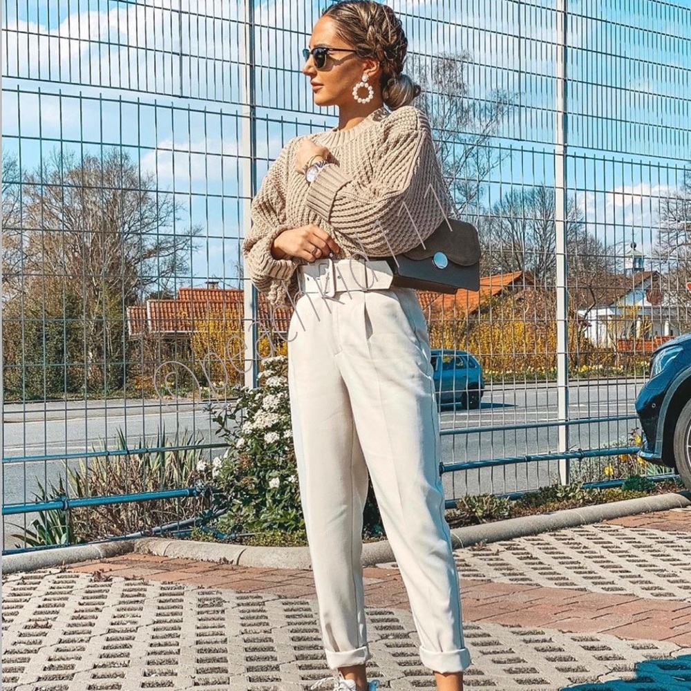 NWOT Zara High Waisted Belted Cream White Pants - Picture 2 of 11